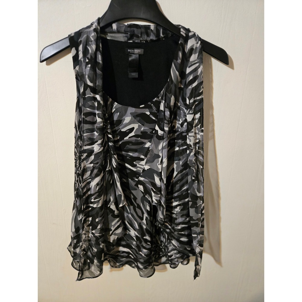 Bisou Bisou Michele Bohbot Grey Black Abstract Layered Chiffon Blouse Small